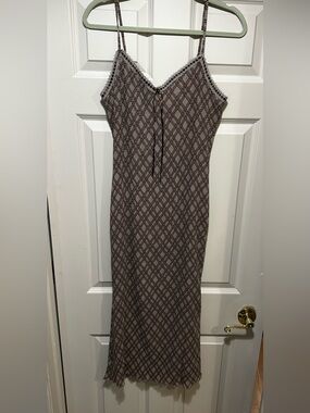 Plaid Pleated Ribbon Trim Dress Large NWT